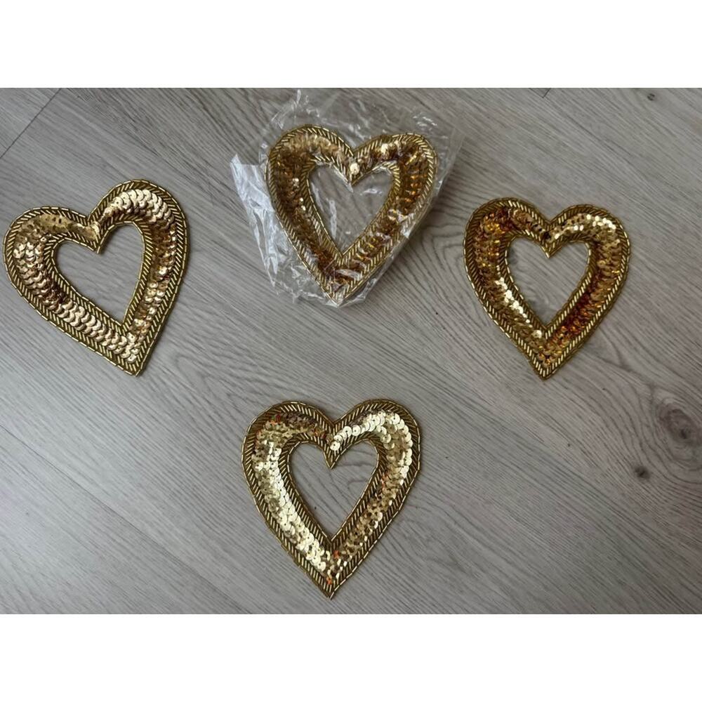 New Gold Sequin Beaded Cut Out Heart Appliqué Patch 4.5” - Lot of 4